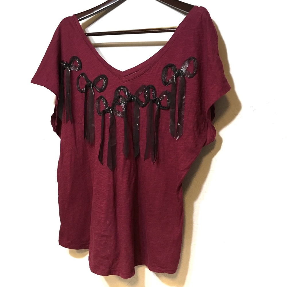 Lane Bryant Red Black Ribbon Bow V Neck Top